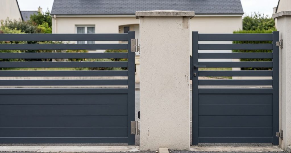 Montants de portail et de portillon aluminium de part et d’autre d’un pilier, laquage identique