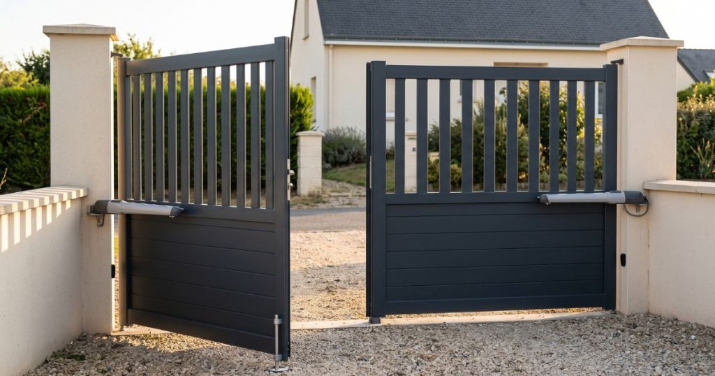 Vantail de portail aluminium ouvert à fond et immobilisé par un verrou de sol