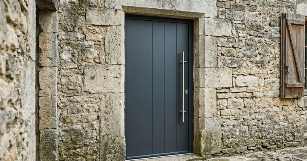 Porte d’entrée aluminium neuve posée dans un encadrement de pierre de taille ancien