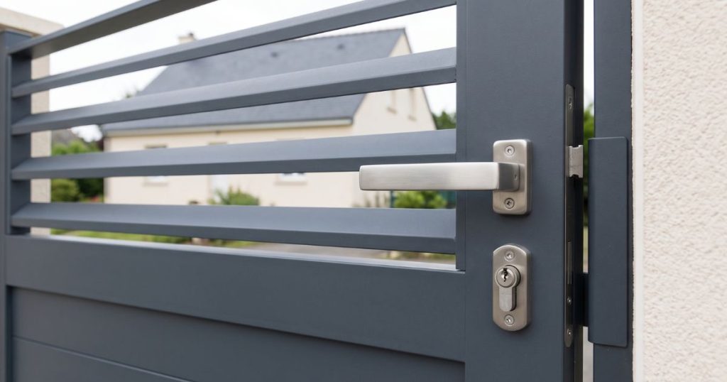 Serrure et béquille inox d’un portillon aluminium vues de près
