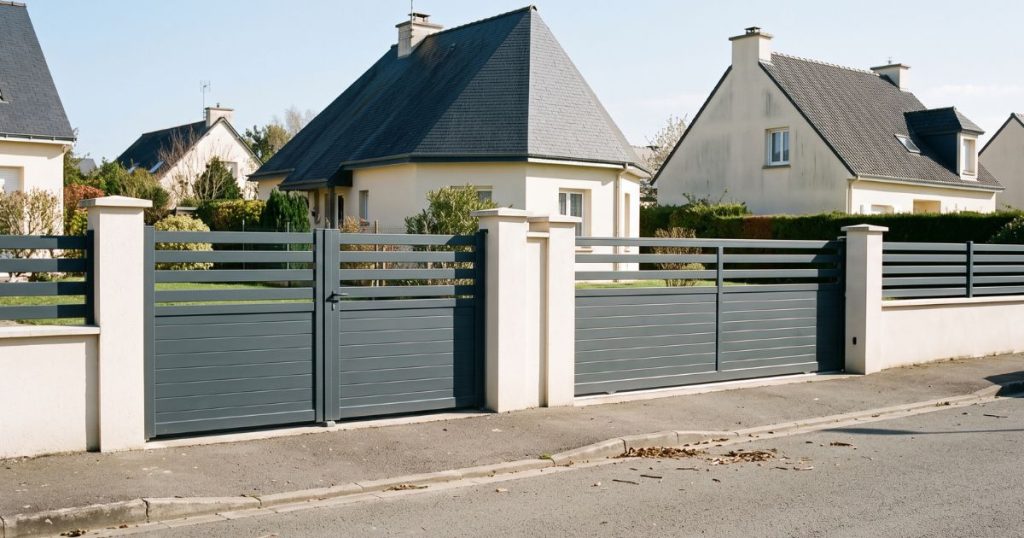 Deux entrées voisines équipées différemment dans la même rue à Saint-Baudelle, où le prix d’un portail suit les cotes et non l’adresse