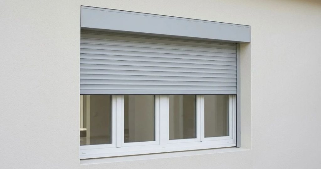 Volet roulant aluminium en place devant une fenêtre, coffre apparent au-dessus de l’ouverture